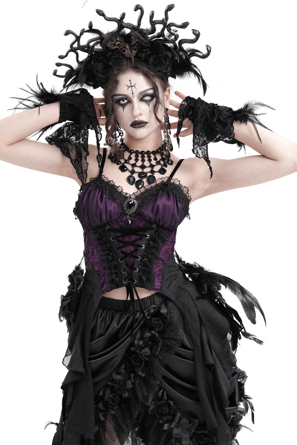 Gothic Lace-Up Corset Top with Floral Accents