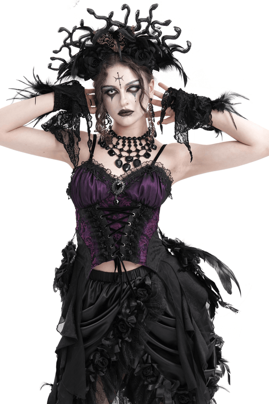 Gothic Lace-Up Corset Top with Floral Accents
