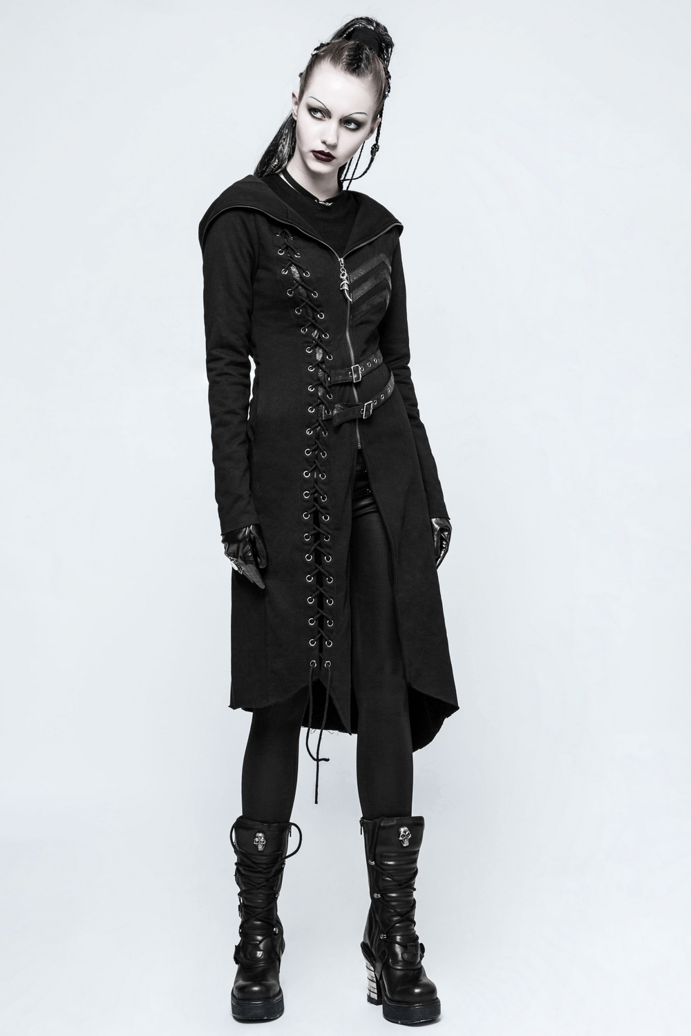 Gothic Lace-Up Long Coat with Hood and Buckles