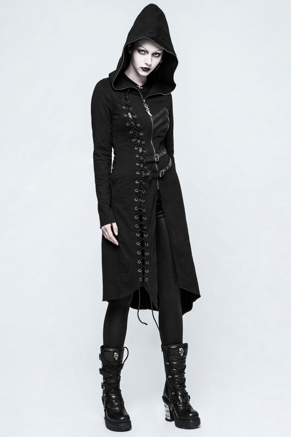 Gothic Lace-Up Long Coat with Hood and Buckles