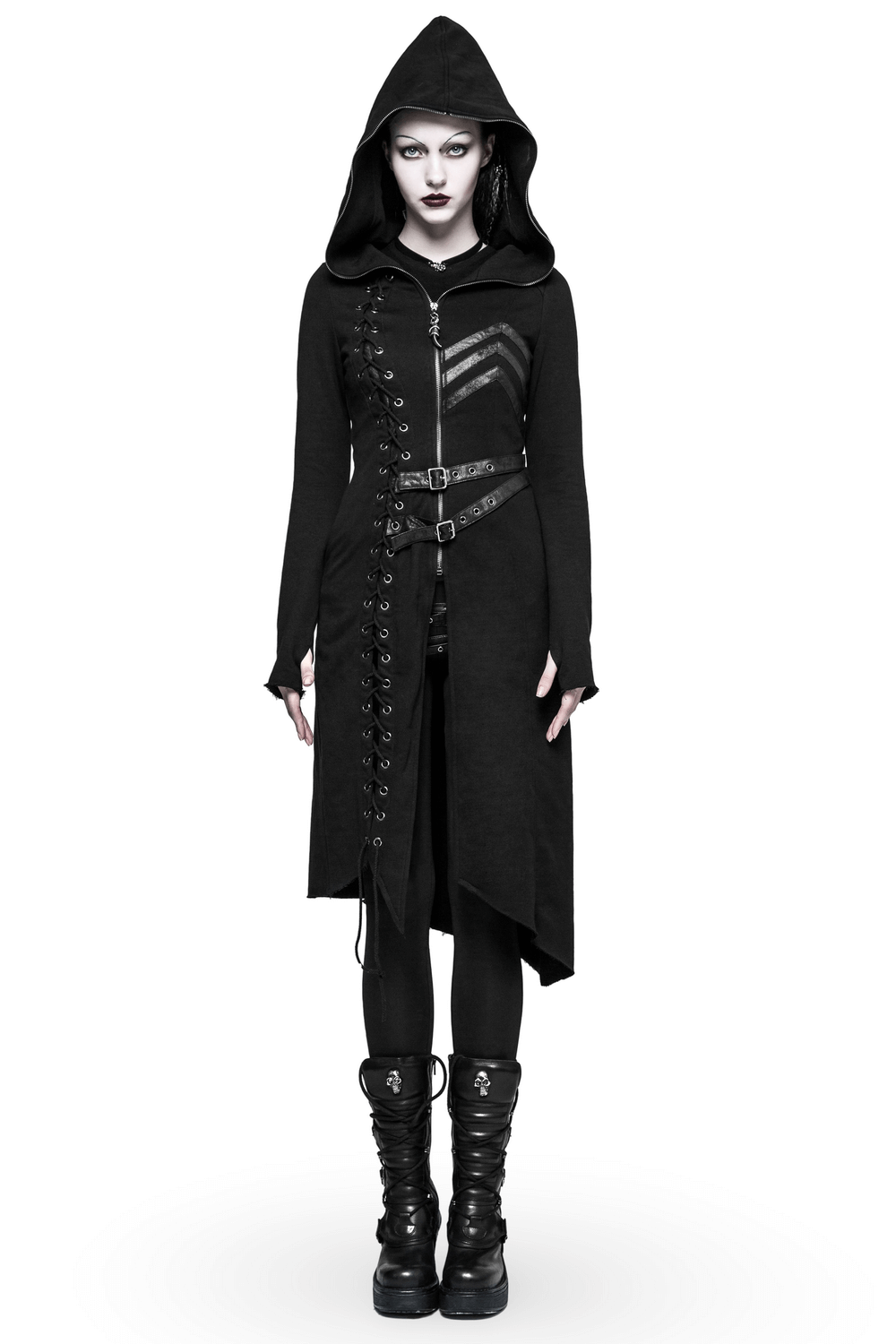 Gothic Lace-Up Long Coat with Hood and Buckles