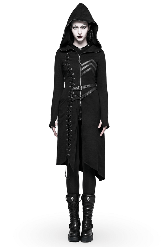 Gothic Lace-Up Long Coat with Hood and Buckles