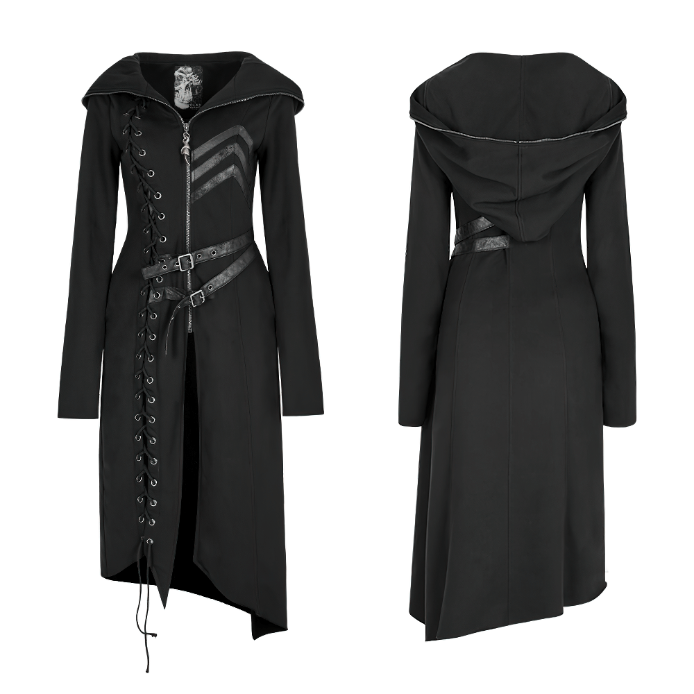 Gothic Lace-Up Long Coat with Hood and Buckles