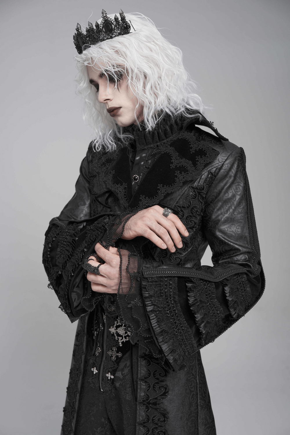 Gothic Lace-Up Long Coat with Velvet and Brocade Detail