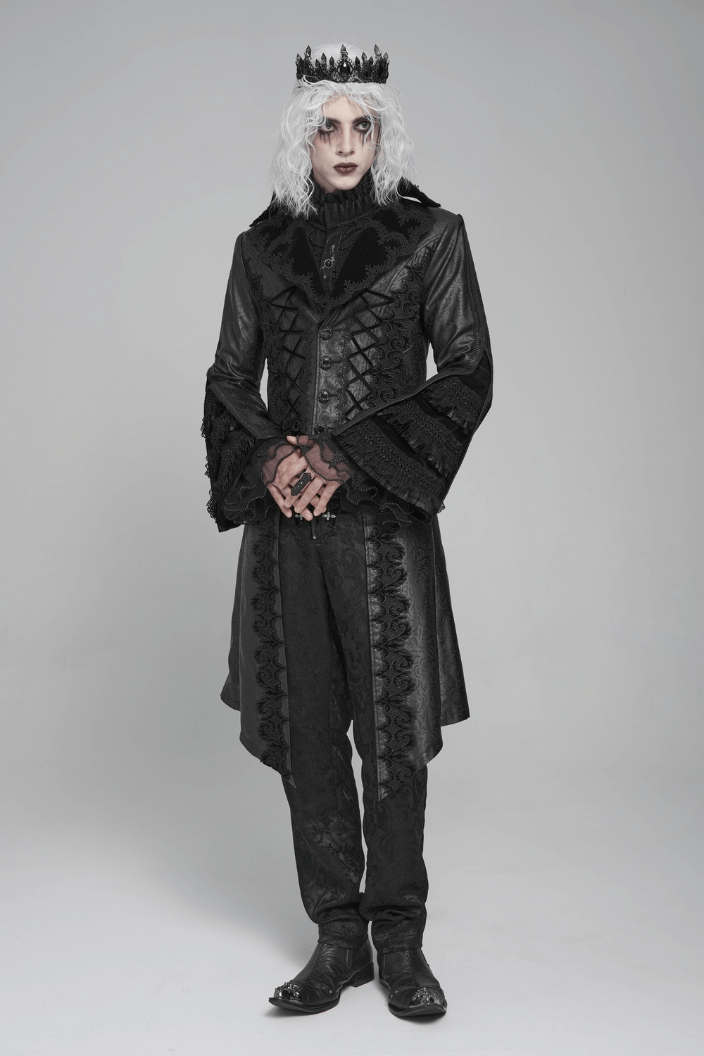 Gothic Lace-Up Long Coat with Velvet and Brocade Detail