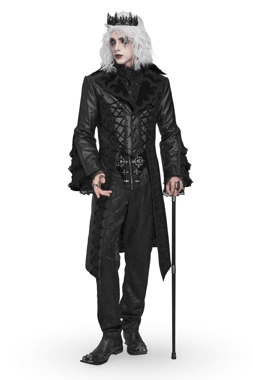 Gothic Lace-Up Long Coat with Velvet and Brocade Detail