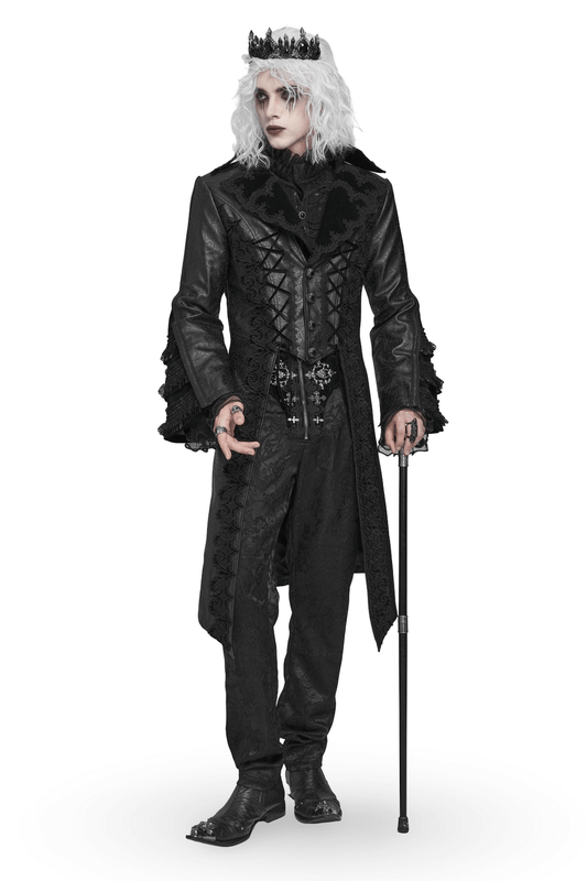 Gothic Lace-Up Long Coat with Velvet and Brocade Detail