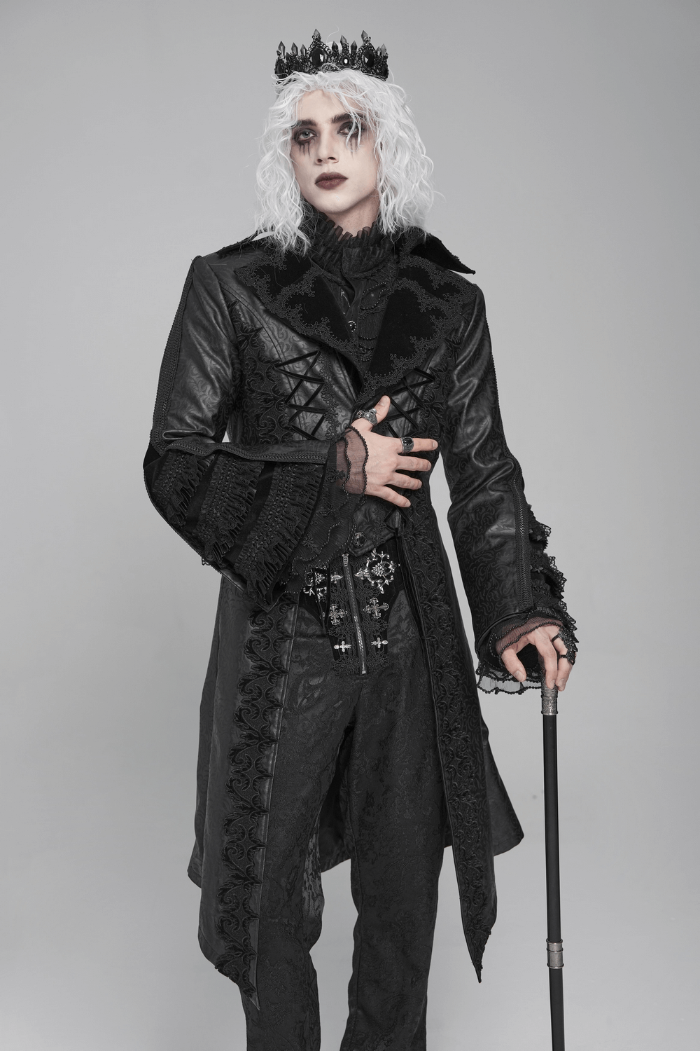 Gothic Lace-Up Long Coat with Velvet and Brocade Detail