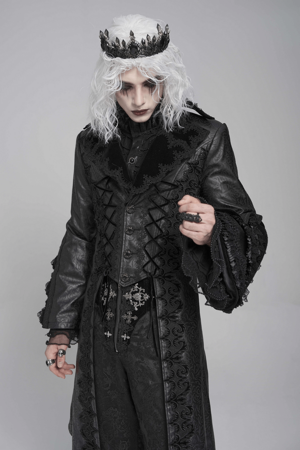Gothic Lace-Up Long Coat with Velvet and Brocade Detail