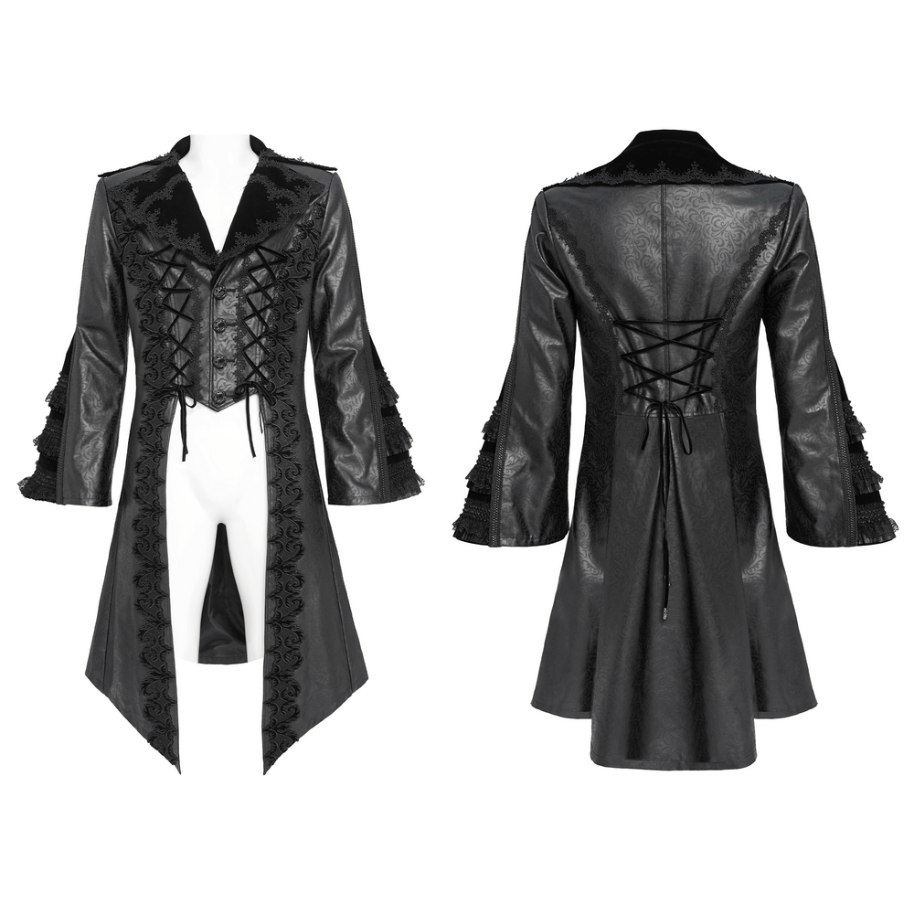 Gothic Lace-Up Long Coat with Velvet and Brocade Detail