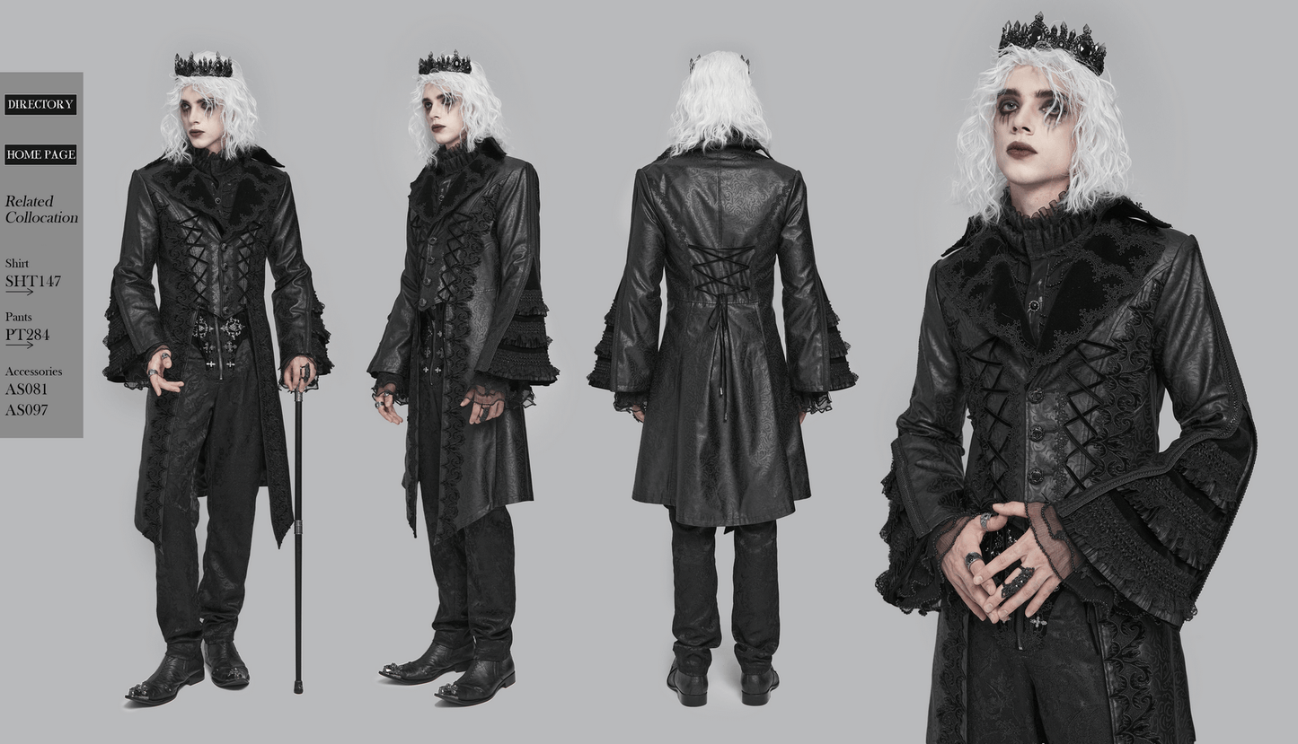 Gothic Lace-Up Long Coat with Velvet and Brocade Detail