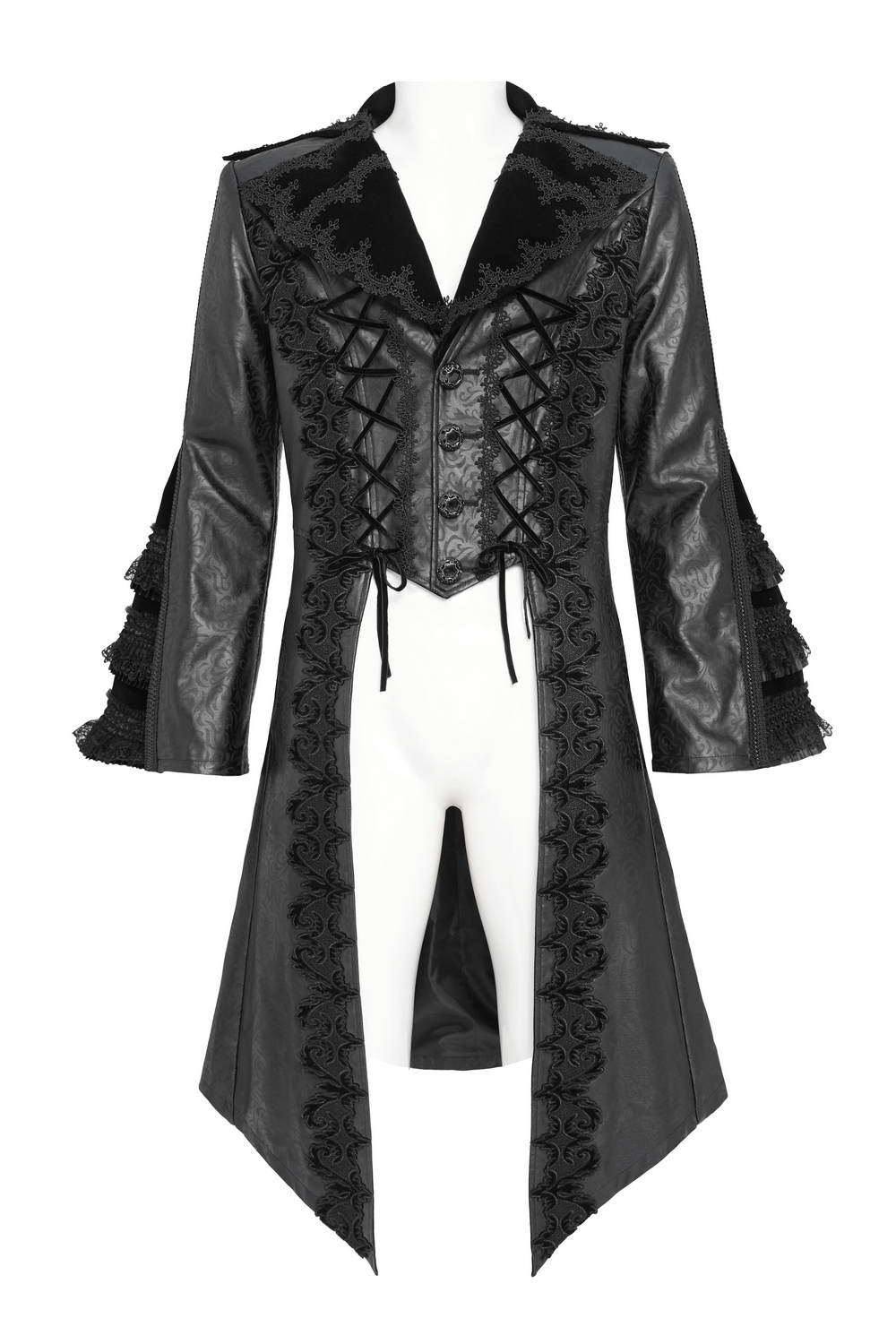 Gothic Lace-Up Long Coat with Velvet and Brocade Detail