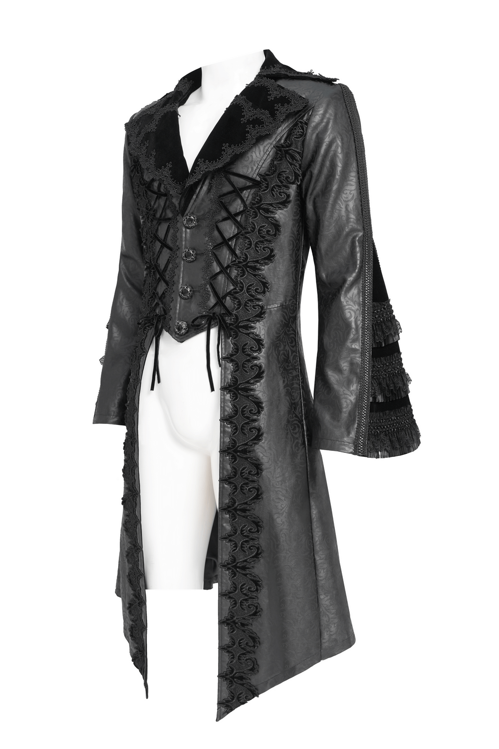 Gothic Lace-Up Long Coat with Velvet and Brocade Detail