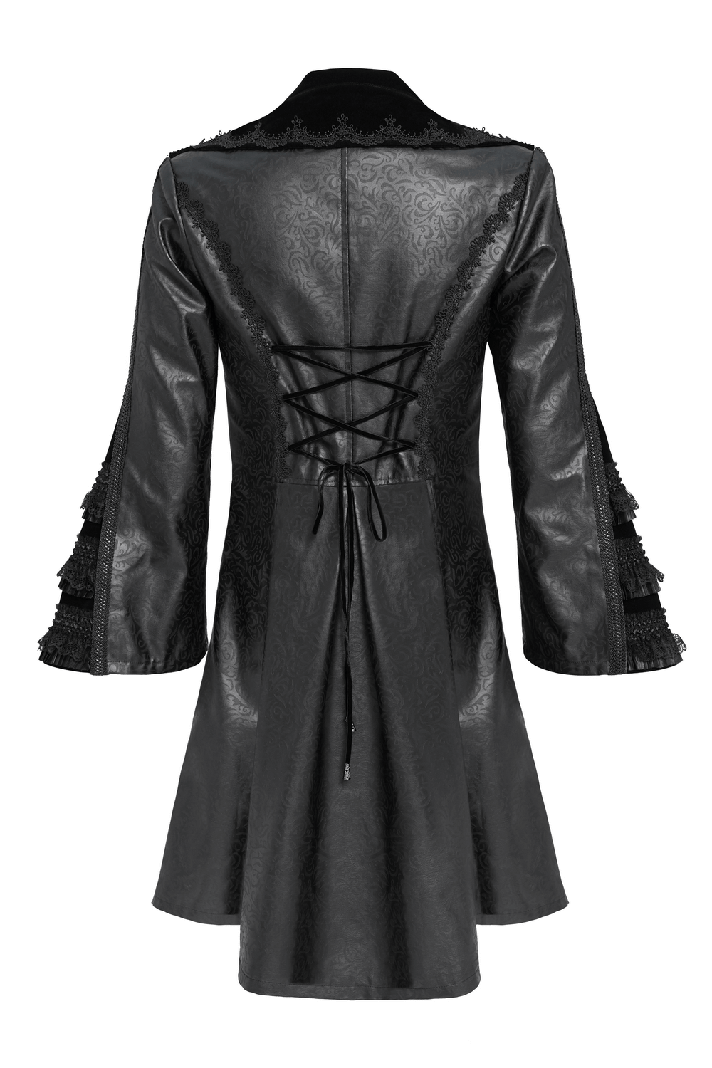 Gothic Lace-Up Long Coat with Velvet and Brocade Detail