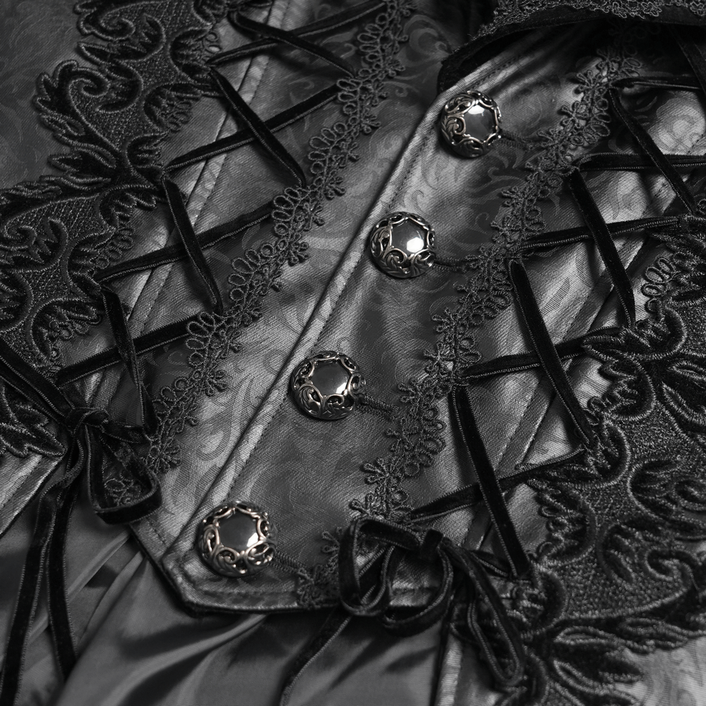 Gothic Lace-Up Long Coat with Velvet and Brocade Detail