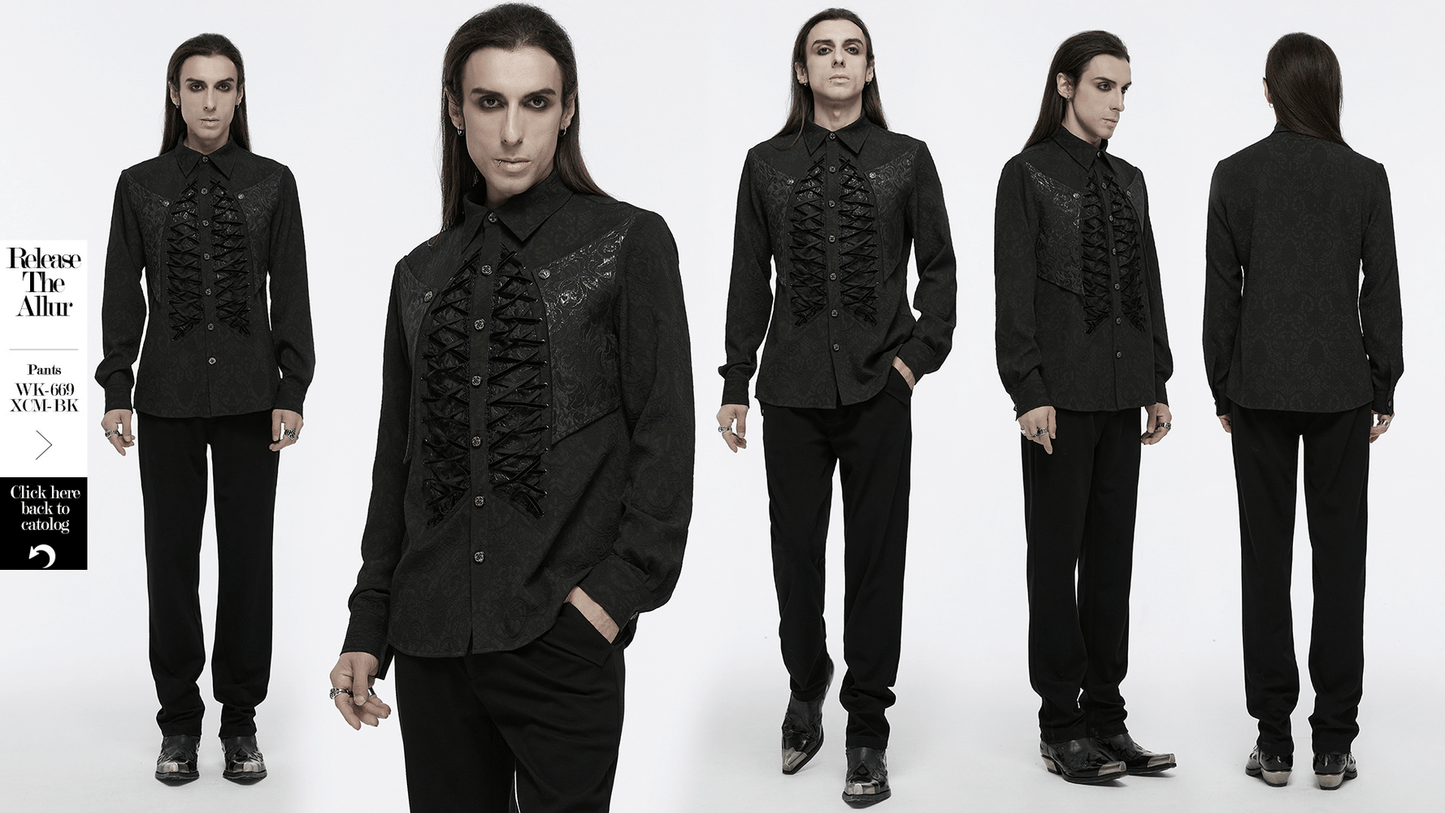 Gothic Lace-Up Long Sleeve Shirt with Brocade Design