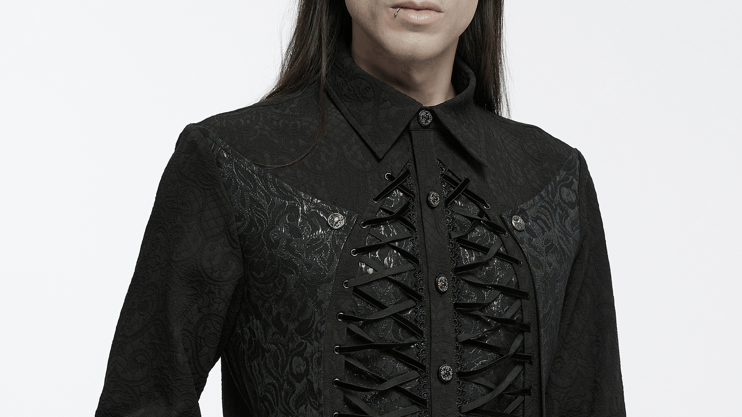 Gothic Lace-Up Long Sleeve Shirt with Brocade Design