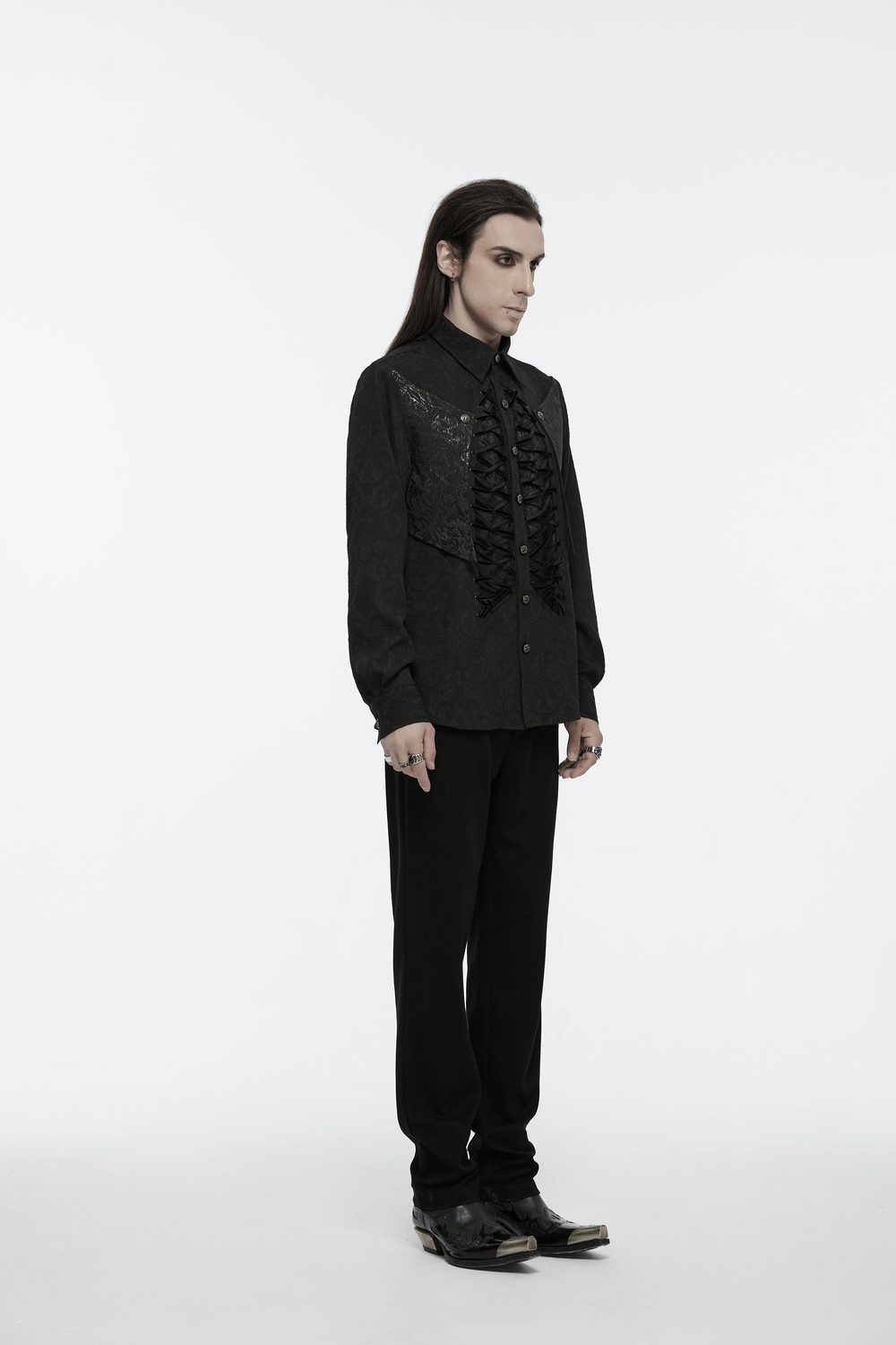 Gothic Lace-Up Long Sleeve Shirt with Brocade Design