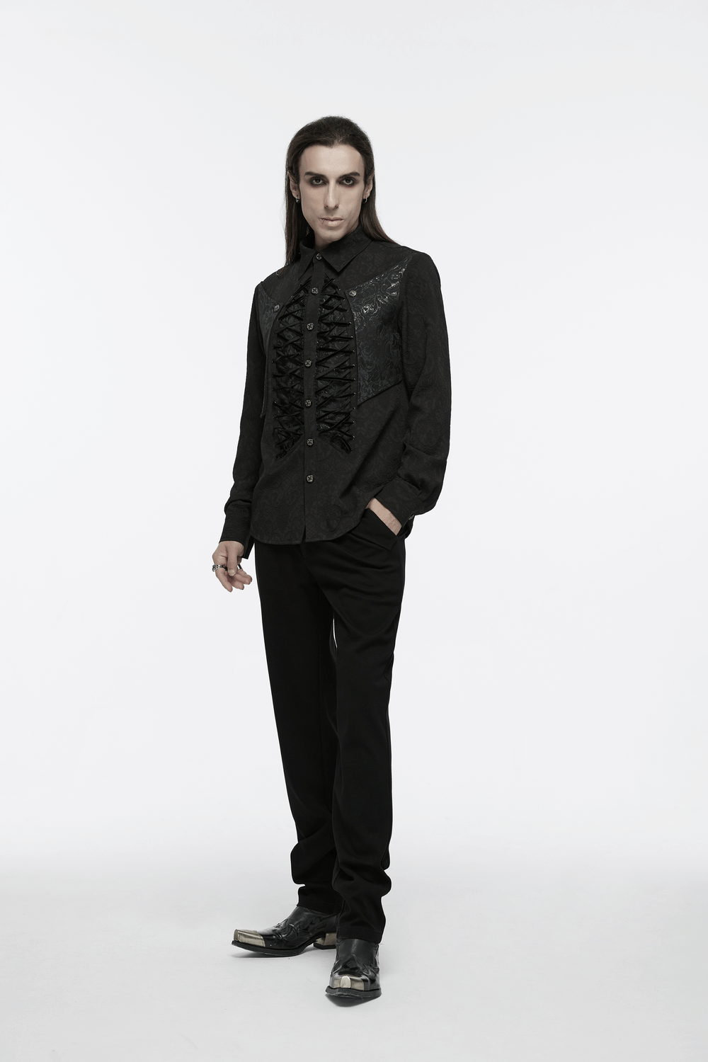 Gothic Lace-Up Long Sleeve Shirt with Brocade Design
