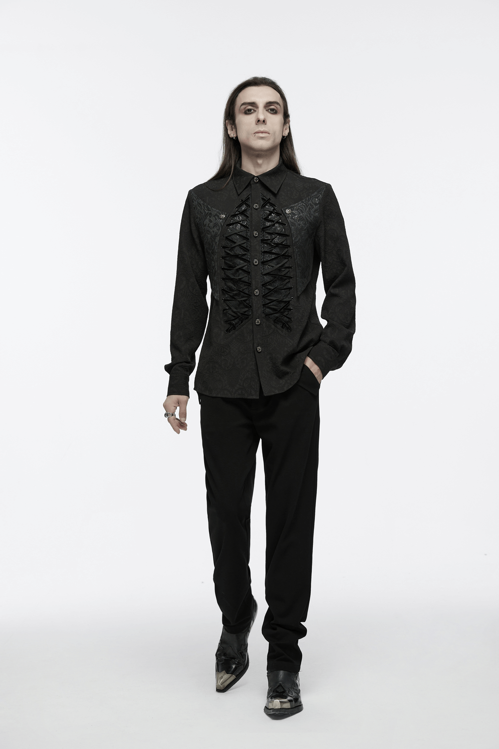 Gothic Lace-Up Long Sleeve Shirt with Brocade Design