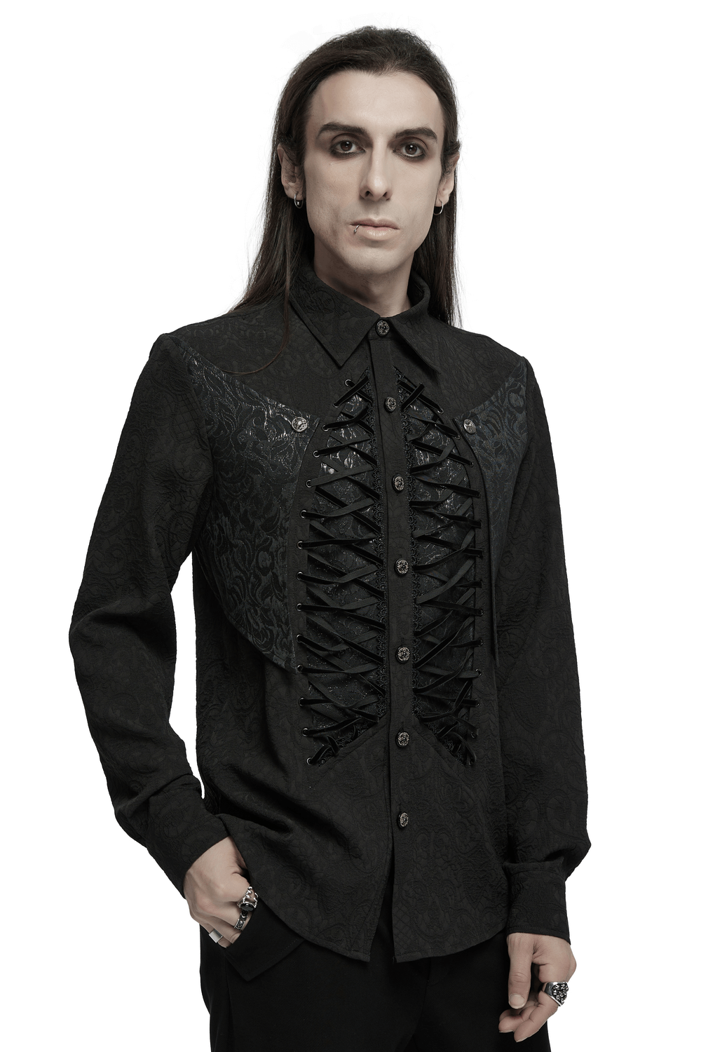 Gothic Lace-Up Long Sleeve Shirt with Brocade Design