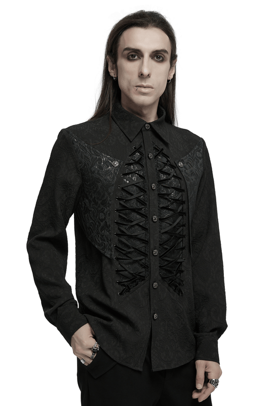 Gothic Lace-Up Long Sleeve Shirt with Brocade Design