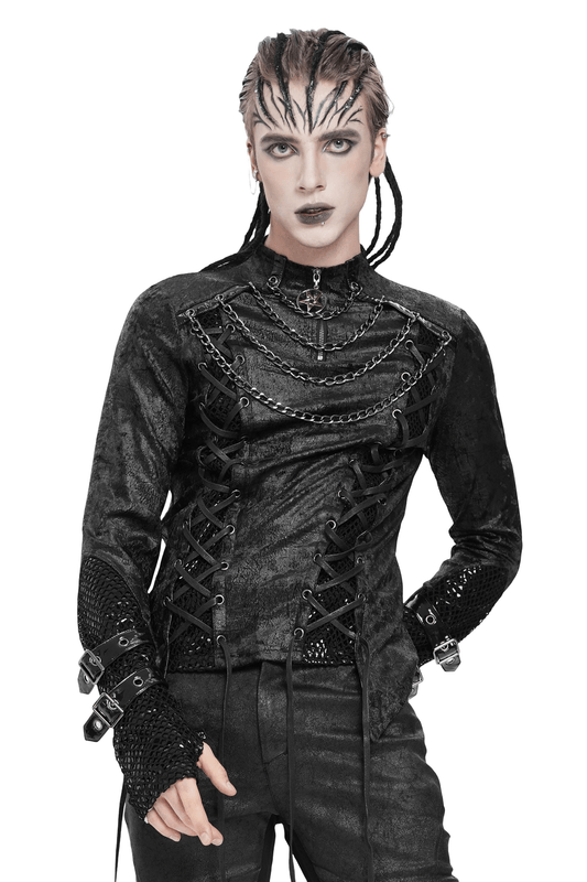 Gothic Lace-Up Top with Chains and Pentagram Pendant