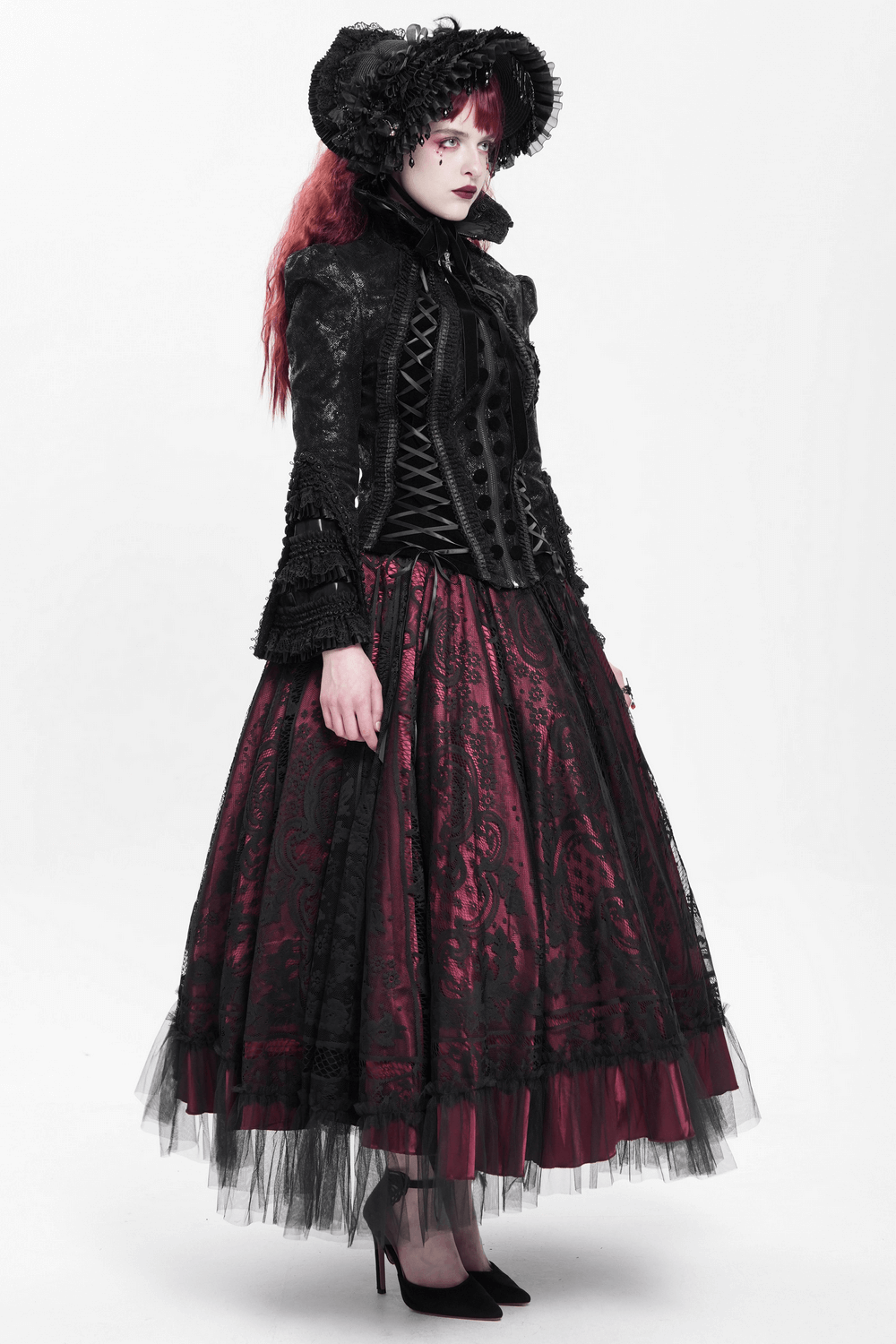 Gothic Lace-Up Victorian Jacket with Bell Sleeves and Cross