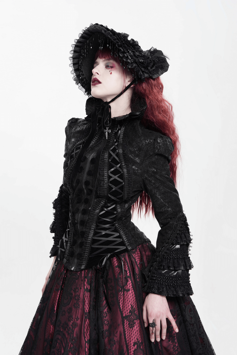 Gothic Lace-Up Victorian Jacket with Bell Sleeves and Cross