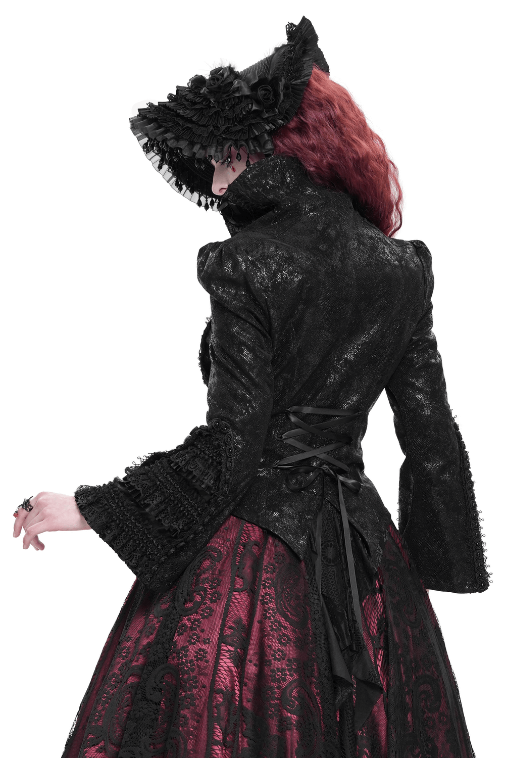 Gothic Lace-Up Victorian Jacket with Bell Sleeves and Cross