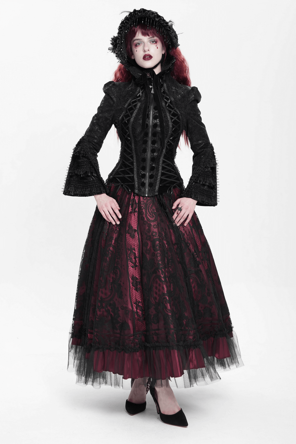Gothic Lace-Up Victorian Jacket with Bell Sleeves and Cross