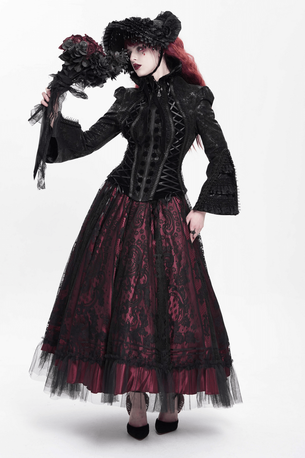 Gothic Lace-Up Victorian Jacket with Bell Sleeves and Cross
