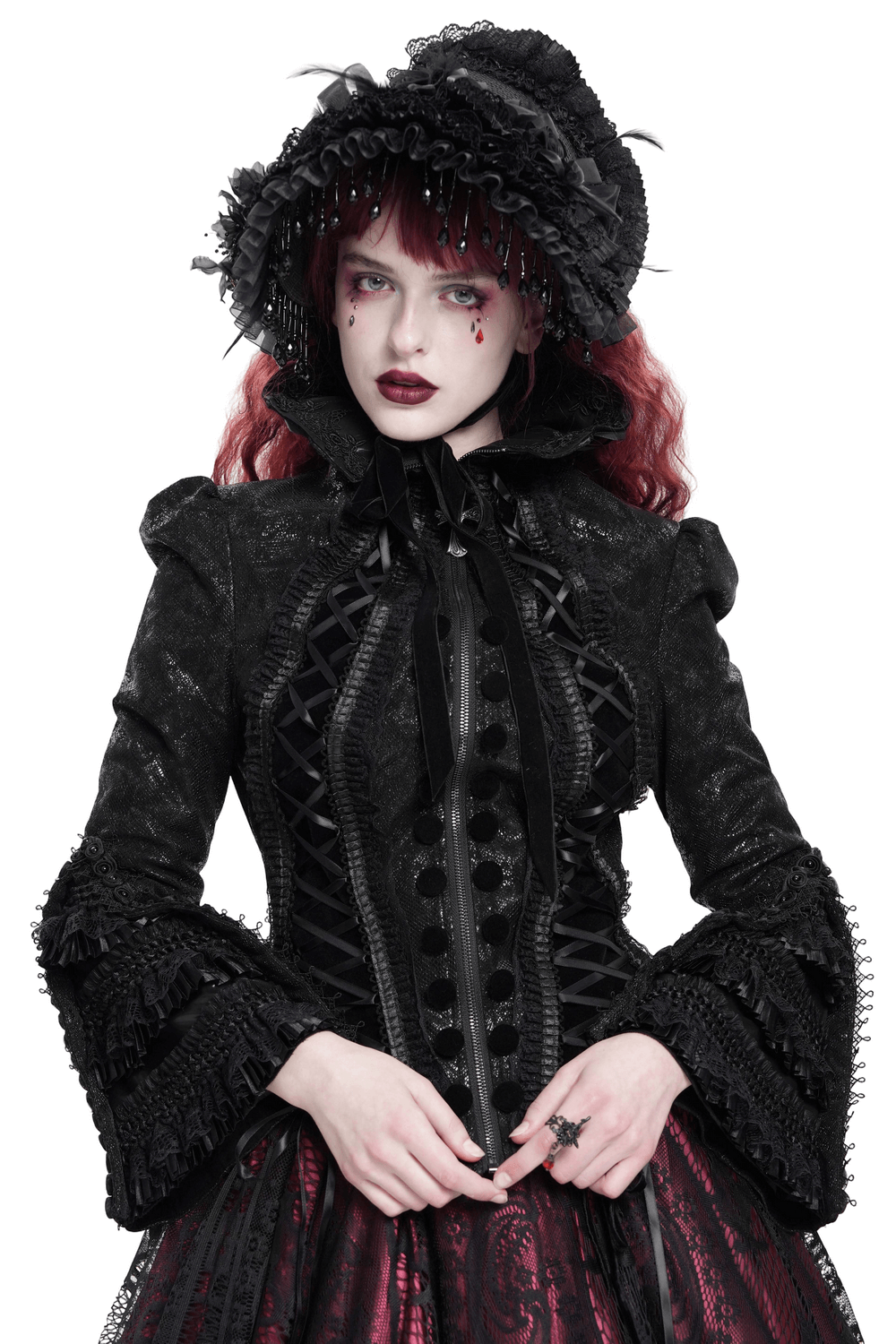 Gothic Lace-Up Victorian Jacket with Bell Sleeves and Cross