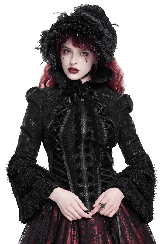 Gothic Lace-Up Victorian Jacket with Bell Sleeves and Cross
