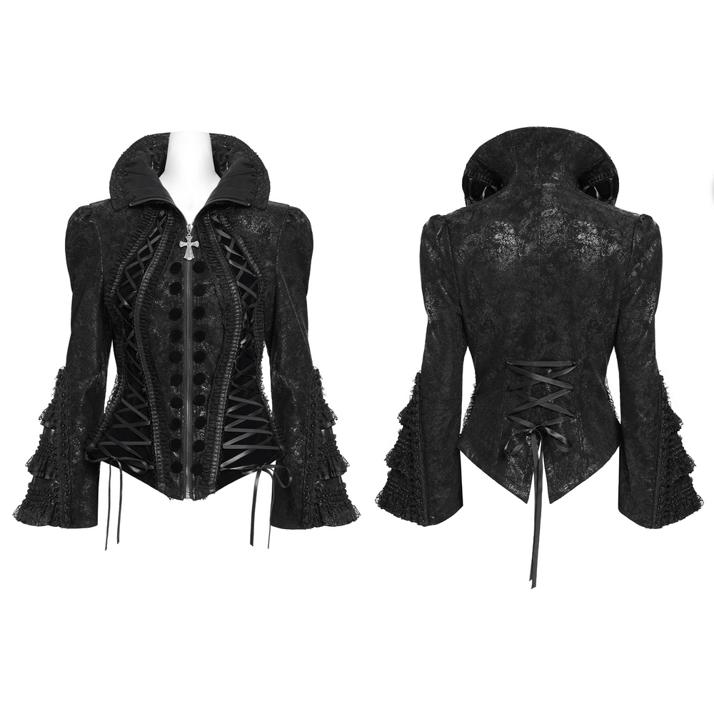 Gothic Lace-Up Victorian Jacket with Bell Sleeves and Cross