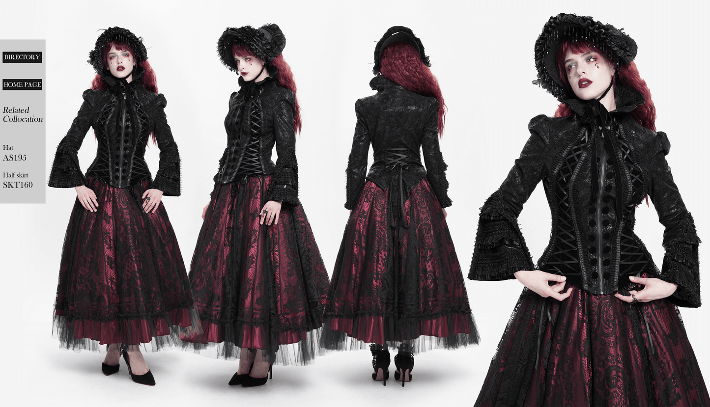 Gothic Lace-Up Victorian Jacket with Bell Sleeves and Cross