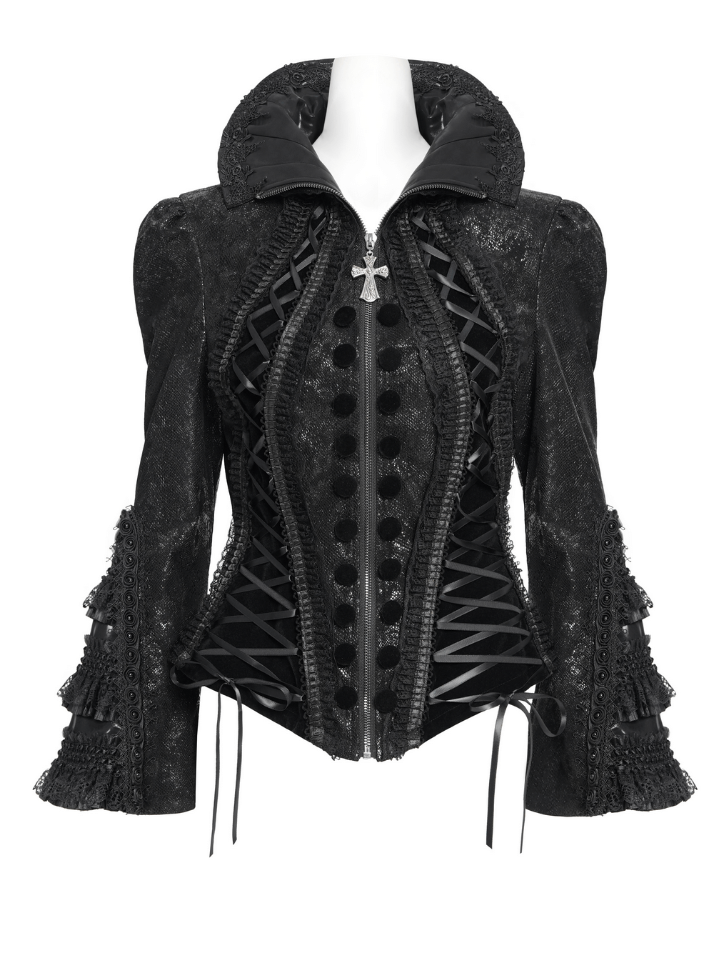 Gothic Lace-Up Victorian Jacket with Bell Sleeves and Cross