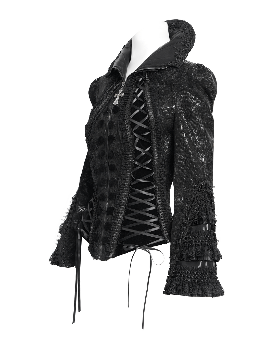 Gothic Lace-Up Victorian Jacket with Bell Sleeves and Cross