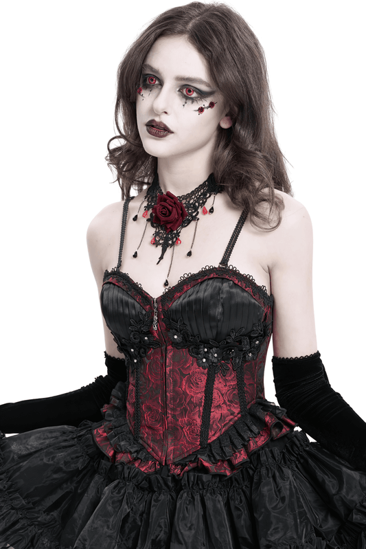 Gothic Lace-Up Wine Red Corset with Ruffle Trim and Zipper
