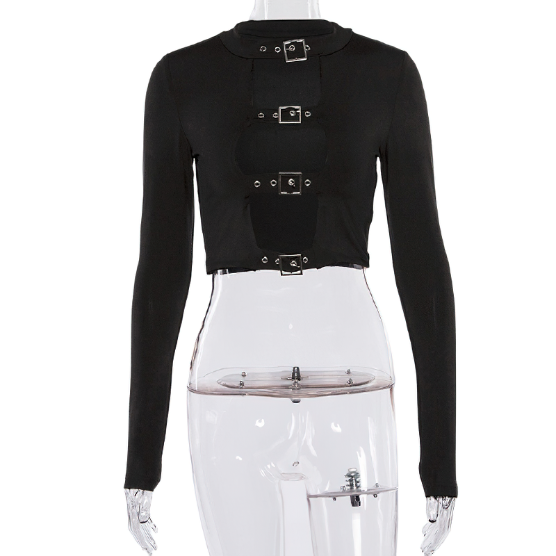 Gothic Ladies Long Sleeve Bodycon Top / Sexy Black Crop Top for You