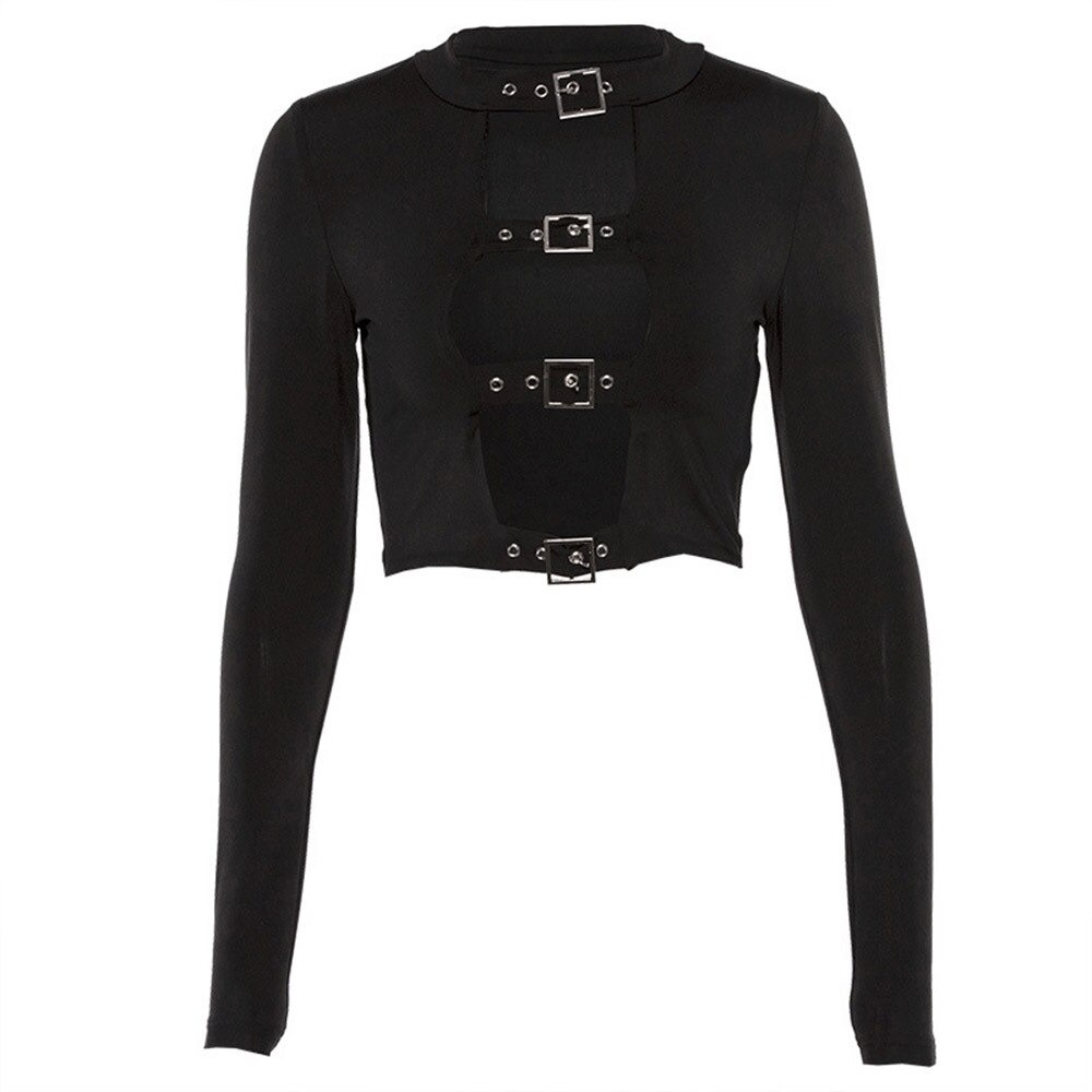 Gothic Ladies Long Sleeve Bodycon Top / Sexy Black Crop Top for You
