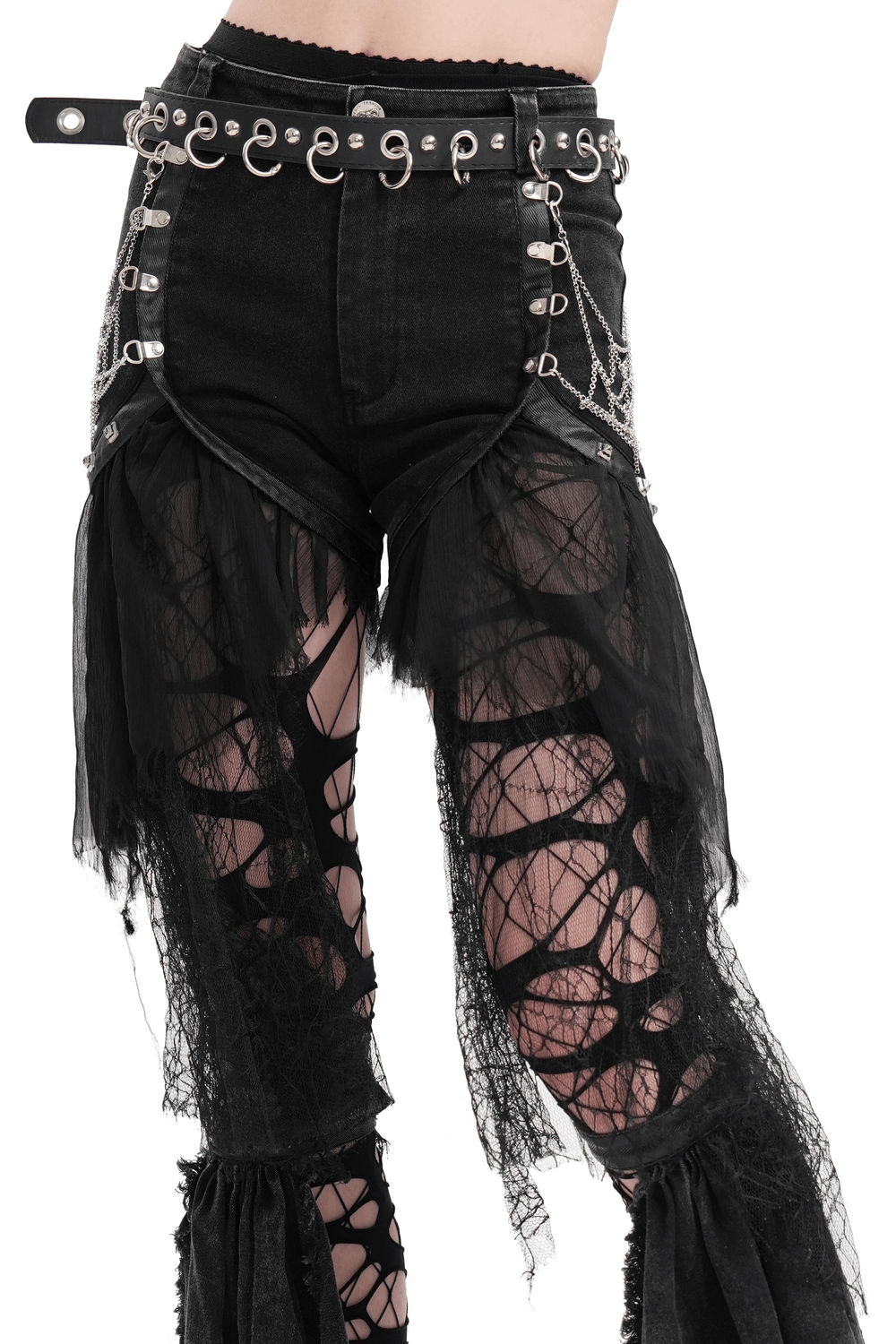 Gothic Layered Shorts with Tulle and Chain Details
