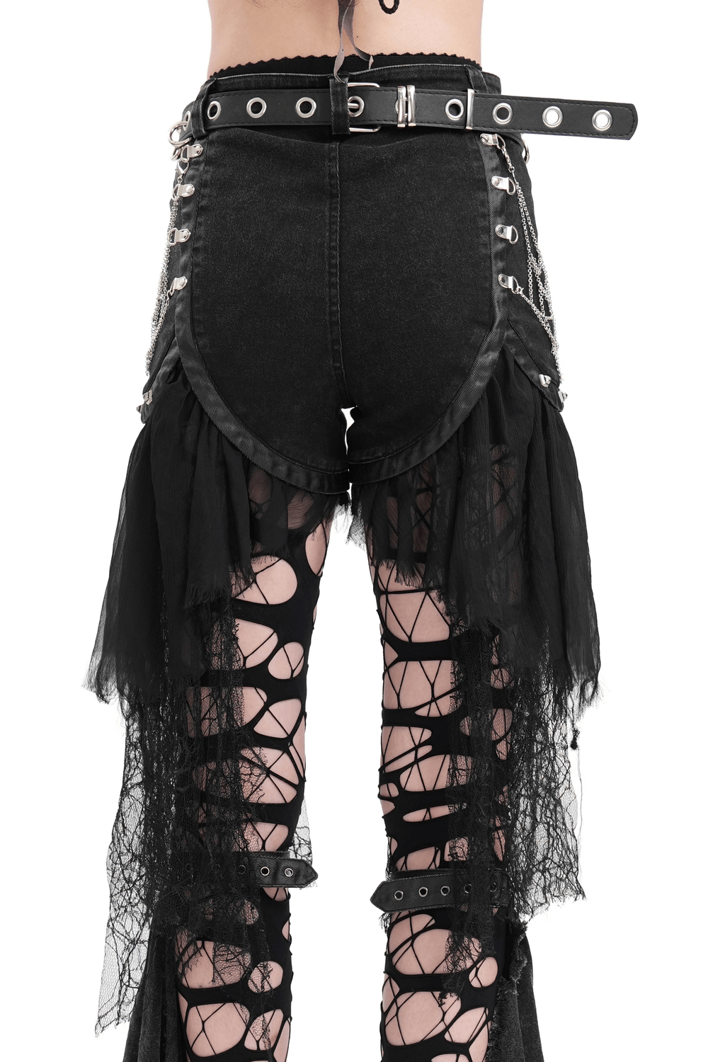 Gothic Layered Shorts with Tulle and Chain Details