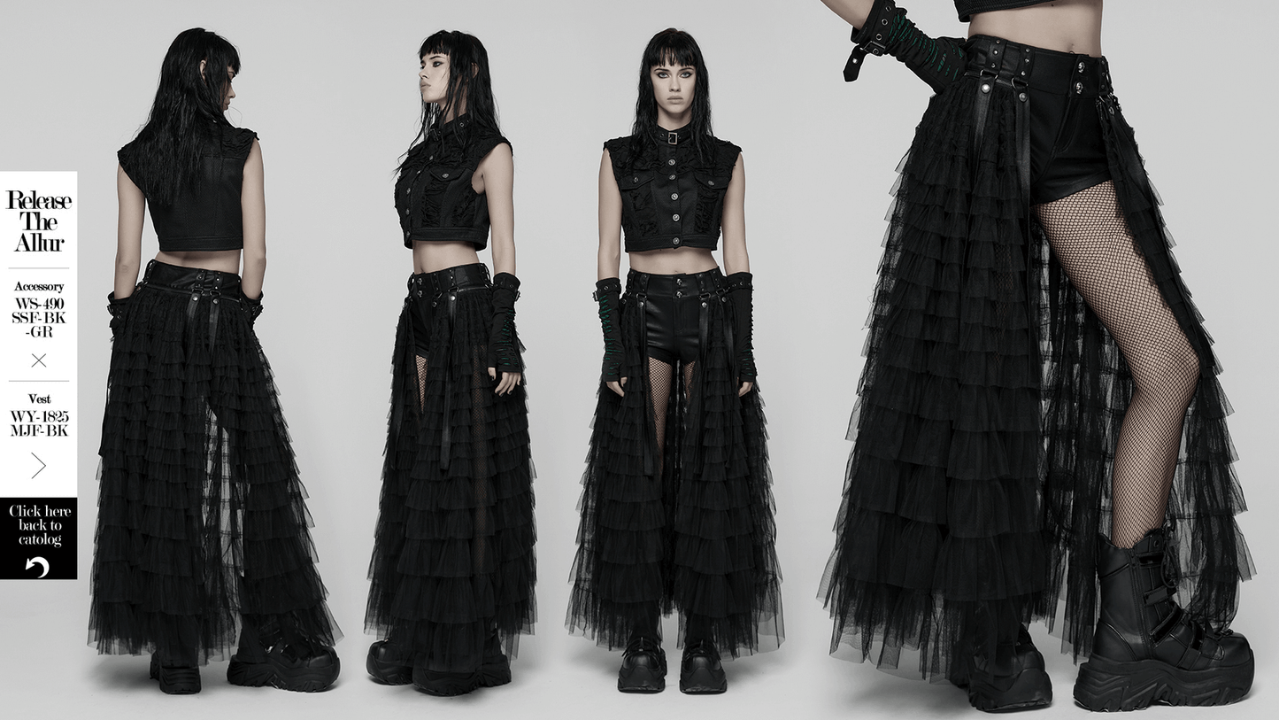 Gothic Layered Tulle Skirt-Shorts with Punk Studs and Skulls