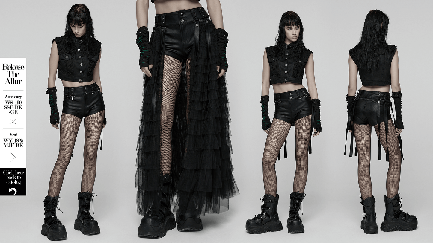 Gothic Layered Tulle Skirt-Shorts with Punk Studs and Skulls