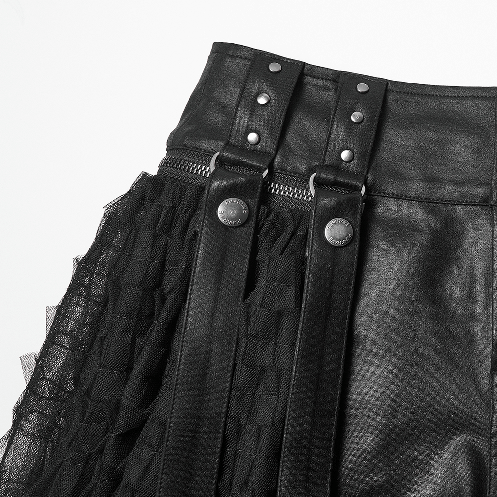 Gothic Layered Tulle Skirt-Shorts with Punk Studs and Skulls