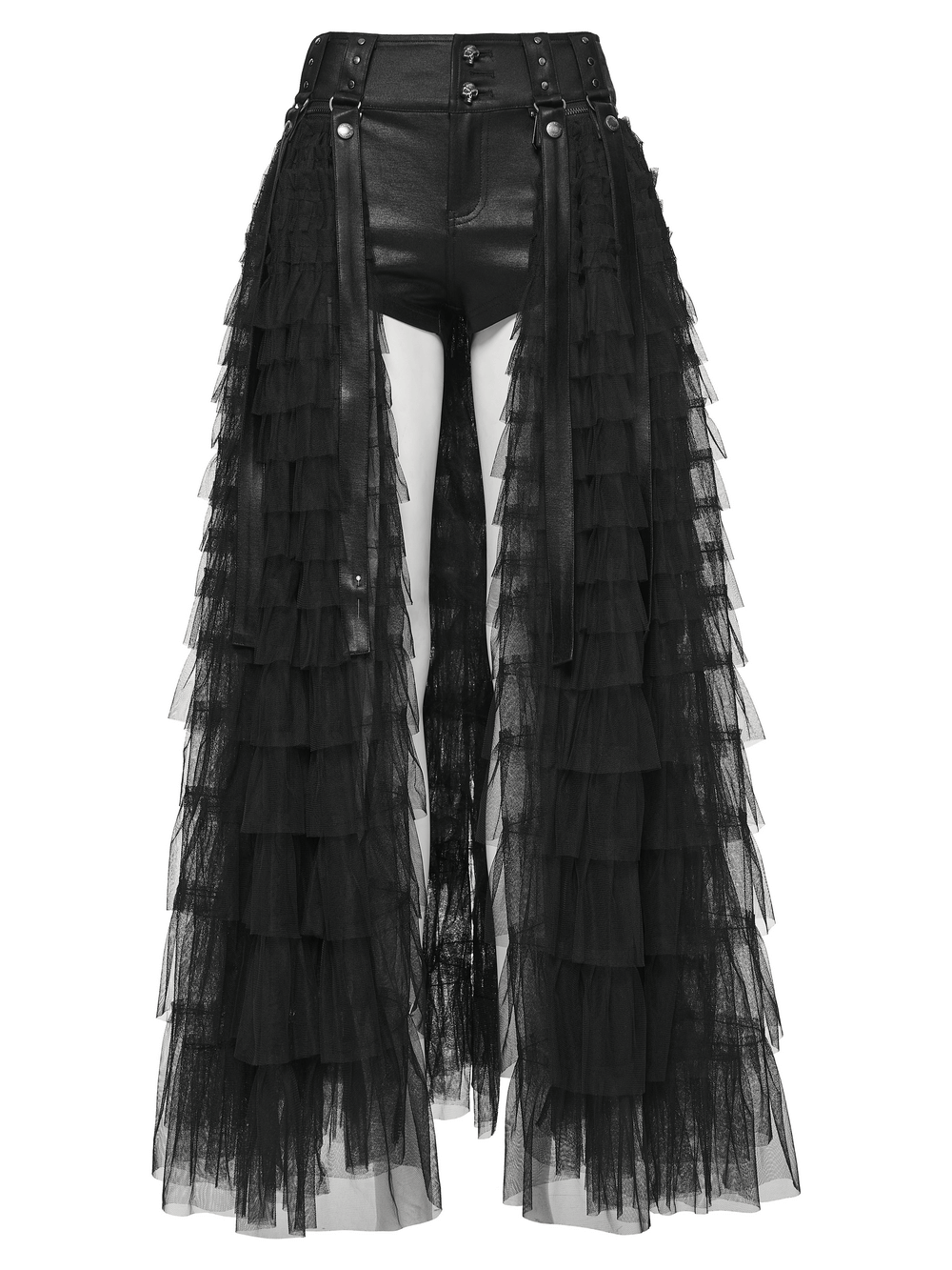 Gothic Layered Tulle Skirt-Shorts with Punk Studs and Skulls