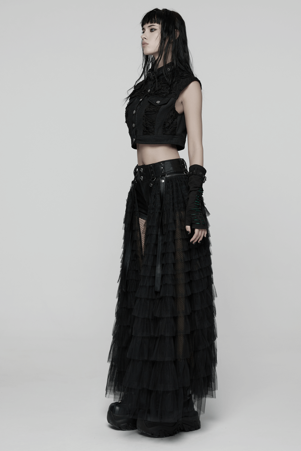 Gothic Layered Tulle Skirt-Shorts with Punk Studs and Skulls