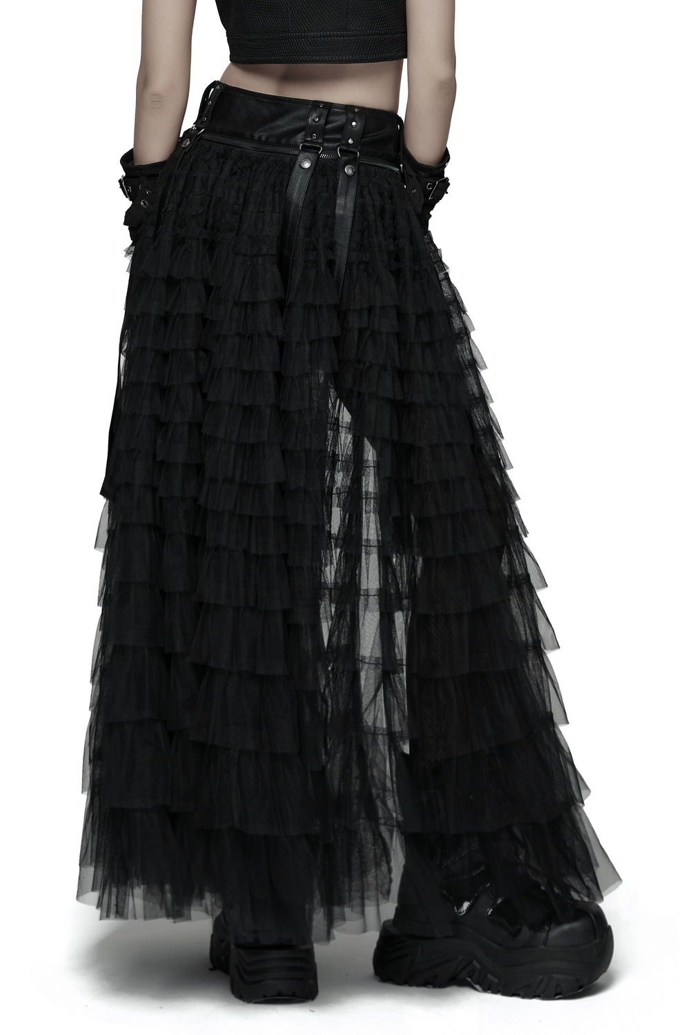 Gothic Layered Tulle Skirt-Shorts with Punk Studs and Skulls