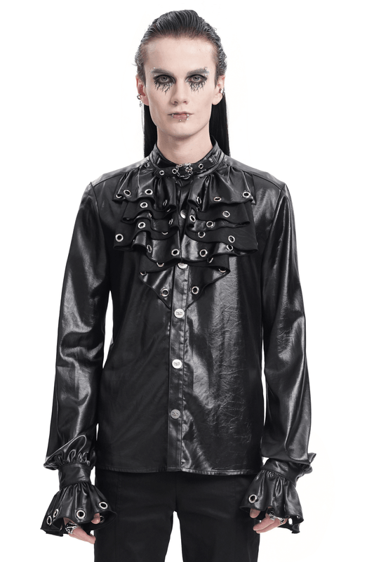 Gothic Leather Shirt with Eyelet Collar for Men